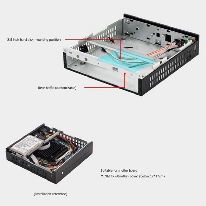 E-T3 Mini-ITX Ultra Sottile 0.8mm SECC Computer Case Desktop Support for Montaggio A Parete Entro 6.7X6.7in Centimetri