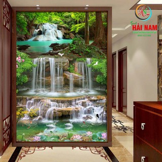 Tranh dán tường 3D thác nước khổ dọc - vải lụa kim tuyến
