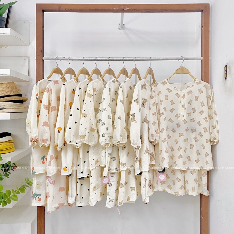 Set bộ ngủ tay lửng hoạ tiết dễ thương in hình động vật, trái cây chất vải mặc thoải mái freesize Pumi
