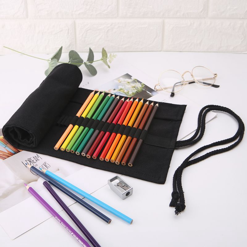Túi đựng bút chì màu bằng vải canvas màu đen tiện lợi đa năng