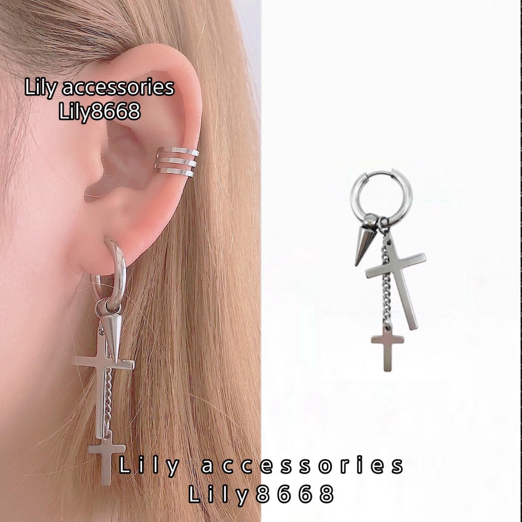 khuyên tai titan thánh giá mũi nhọn không gỉ không đen cho nam nữ