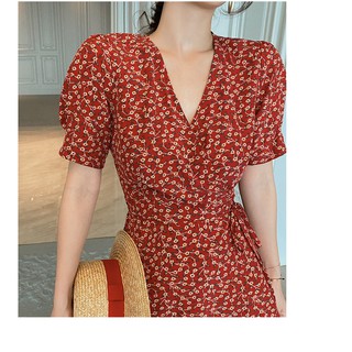 Đầm hoa nhí vạt chéo bồng vai thắt nơ vintage dễ thương
