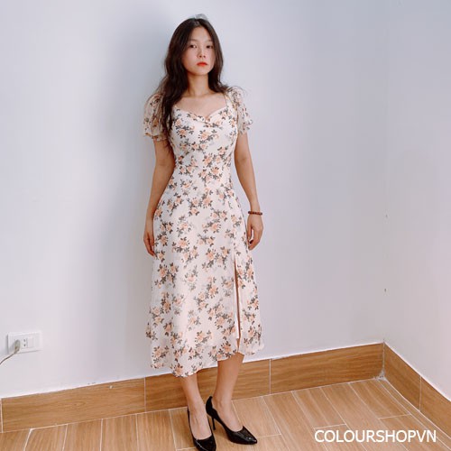 Đầm hoa cổ vuông nhún ngực tay phồng xẻ tà may 2 lớp chất liệu voan hoa đẹp