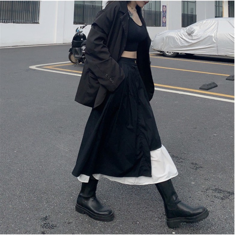 {EVACICI}  Chân váy dài ulzzang xòe vạt lệch phối đen trắng-Chân váy tầng phong cách hàn quốc CV09 | BigBuy360 - bigbuy360.vn