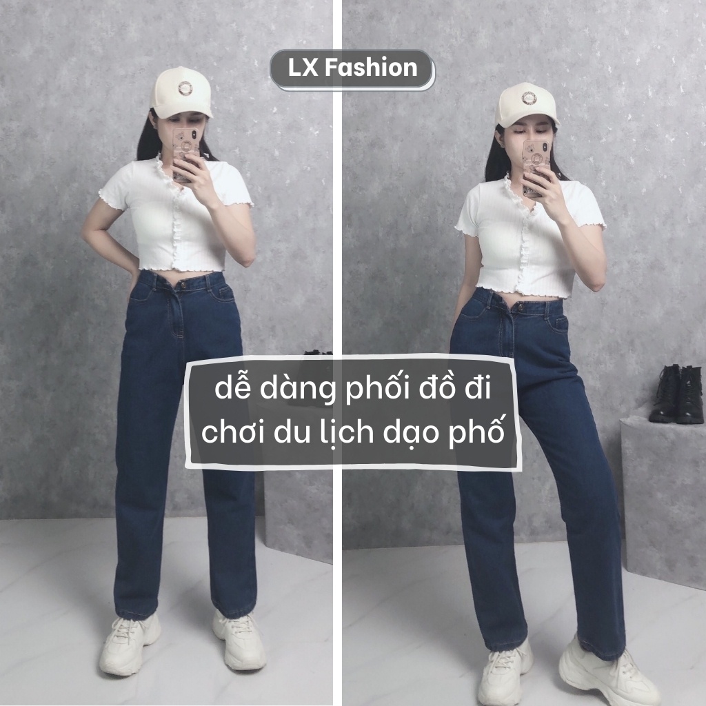 Quần jean nữ ống rộng ❤️ Cạp lưng cao màu xanh dáng ống suông chất bò dầy dặn trẻ trung LX41