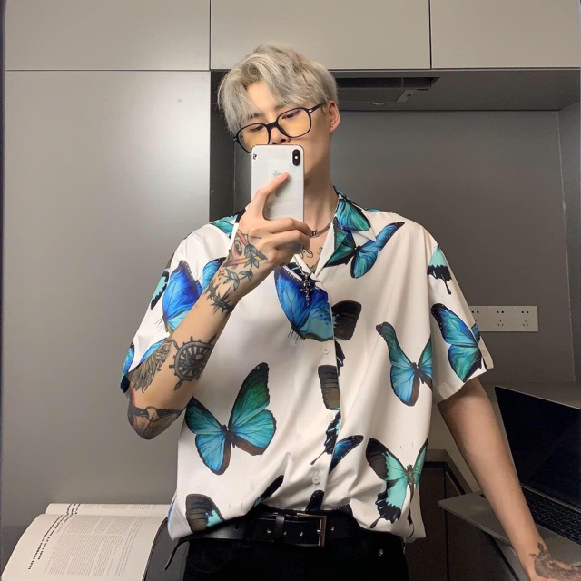 Áo Sơ Mi Bươm Bướm Tay Lỡ Form Oversize Ulzzang Nam Nữ Unisex