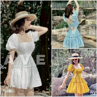 Đầm xoè tiểu thư tay phồng nhún tầng hở lưng y hình ( có mút có lót )