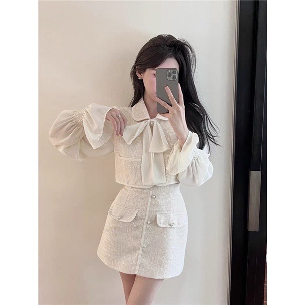 Set Dạ Be Phối Tay Tơ Cổ Nơ Tiểu Thư Hàng Dày Dặn