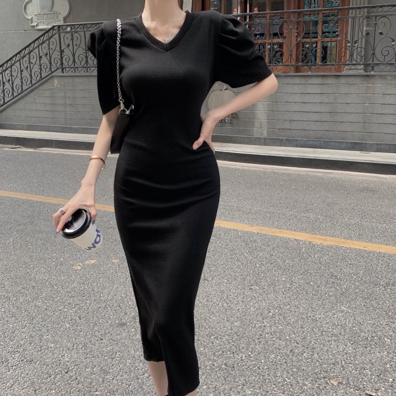 Đầm tay phồng họa tiết kẻ sọc phong cách retro Pháp thời trang mùa hè thanh lịch cho nữ