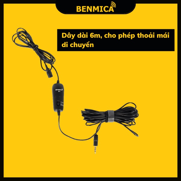 Micro thu âm cài áo Benmica B1 dành cho điện thoại, máy ảnh, máy quay dây kết nối dài 6m - Hàng chính hãng