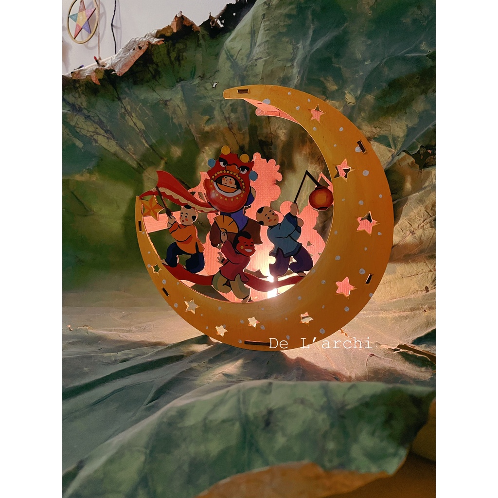 Đèn lồng trung thu bằng gỗ hình ông trăng tặng kèm 12 màu + 2 cọ