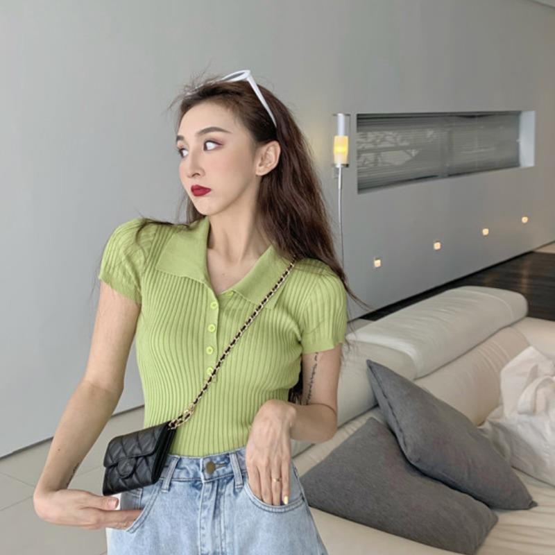 Áo Thun Polo Dệt Kim Mỏng Tay Ngắn Màu Đen Thời Trang Mùa Hè Cho Nữ
