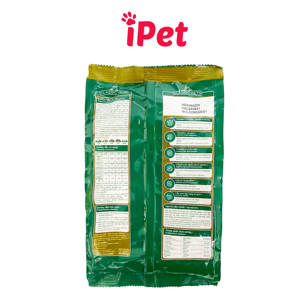 Thức Ăn Cho Chó Con Classic Pets Vị Sữa Hạt Khô Gói 400G - iPet Shop