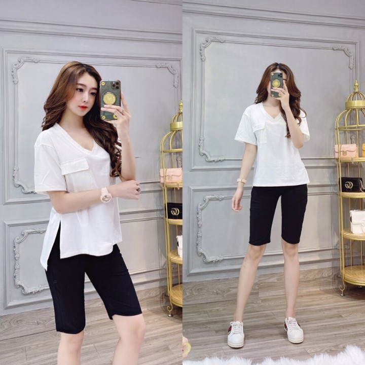 Đồ Bộ Nữ Lửng Thun Cotton Cổ Tim Xẻ Tà Hàng Chuẩn Shop Cao Cấp Thời Trang - Ảnh thật kèm video