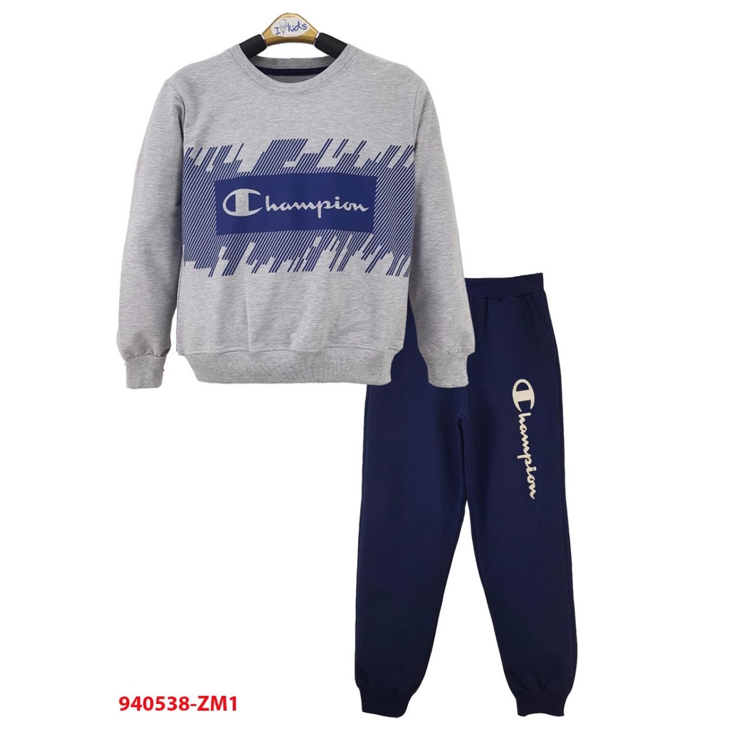 940538-ZM1 - Bộ bé trai nỉ da cá , dài tay , in Champion , màu ghi , size to 13t-18t