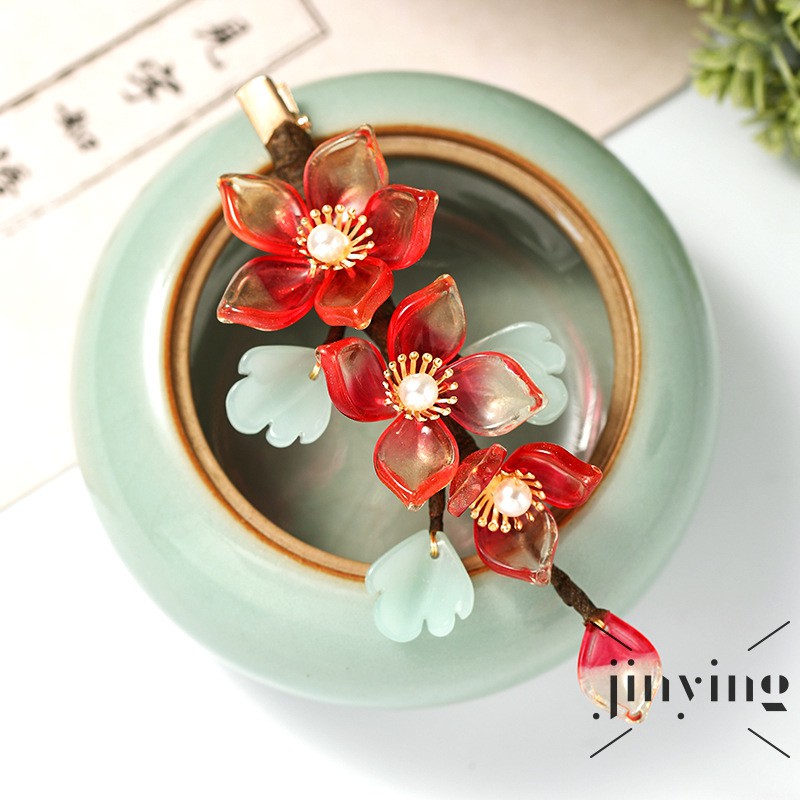 GETNOIVAS Kẹp tóc pha lê màu đỏ hình hoa phong cách cổ trang Trung Quốc