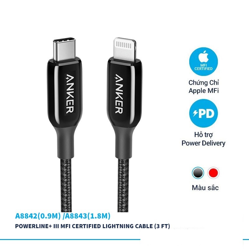 Cáp Anker Powerline+ III USB C to lightning A8842(0.9m)/ A8843(1.8m) sạc nhanh 18w chuẩn MFI hỗ trợ truyền dữ liệu - Đen