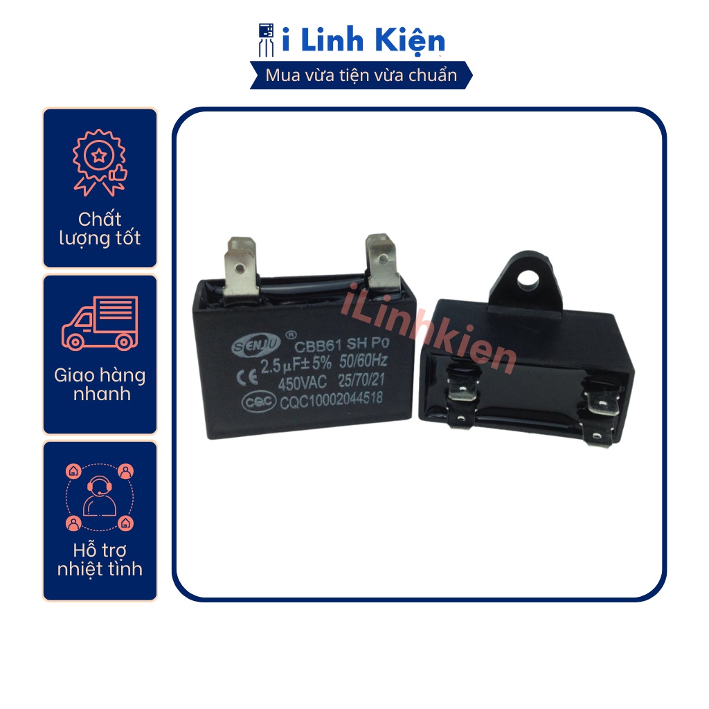 Tụ quạt 1uF 1.2uF 1.5uF 2uF 2.5uF 3uF 5uF 450VAC CBB61 chân cắm jack