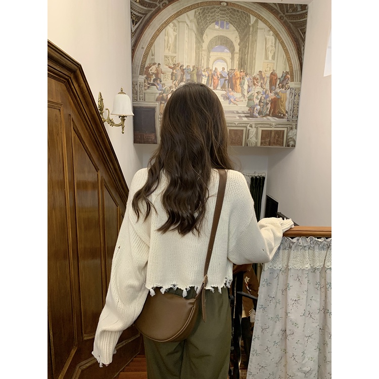 Áo Dệt Kim Tay Dài Dáng Ôm Rách Cá Tính Thời Trang Phong Cách Hàn Quốc Cho Nữ