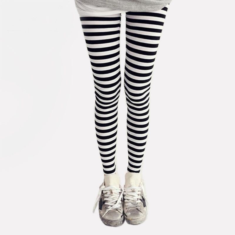 Quần legging dài đến mắt cá chân họa tiết kẻ sọc trắng đen cho nữ