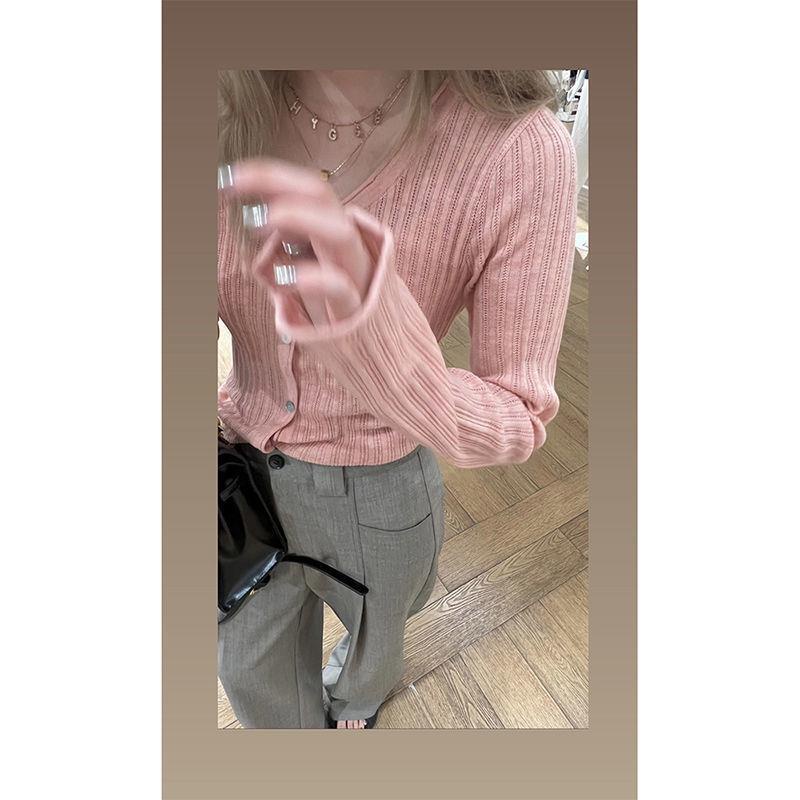 Áo Cardigan Dệt Kim Mỏng Cổ Chữ V Cài Nút Phong Cách Hàn Quốc Thời Trang Mùa Thu Cho Nữ