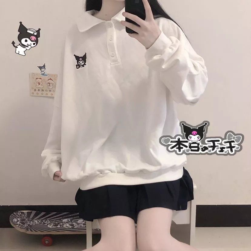 Áo sweater dáng rộng cổ bẻ thêu họa tiết dễ thương xinh xắn thời trang mùa thu