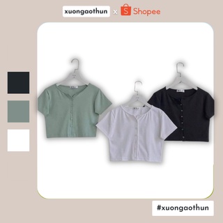 Áo Croptop nữ tay ngắn Croptop phong cách Hàn quốc chất thun gân mềm mát họa tiết Nút tay Ngắn cực xinh xắn