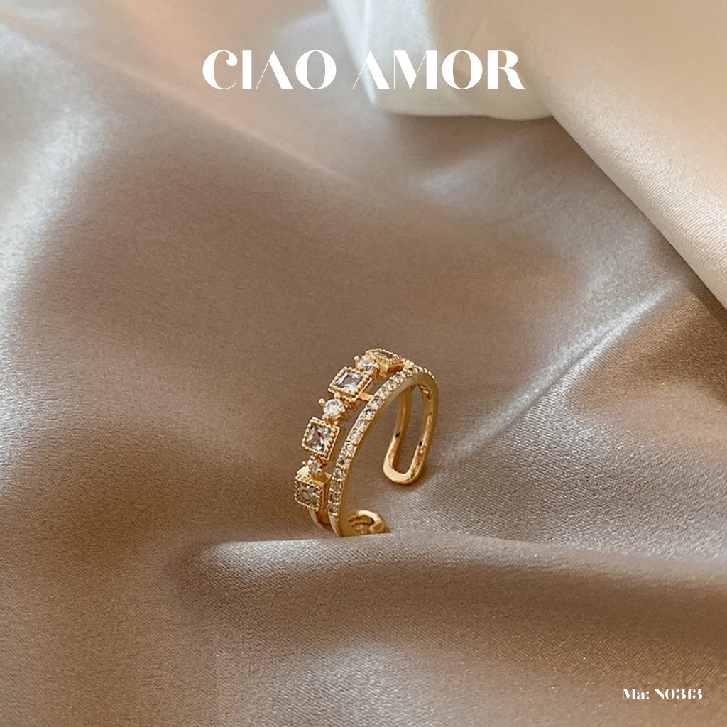 Nhẫn nữ 2 lớp khúc vuông đính đá lấp lánh Tranng sức Ciao Amor - N0313