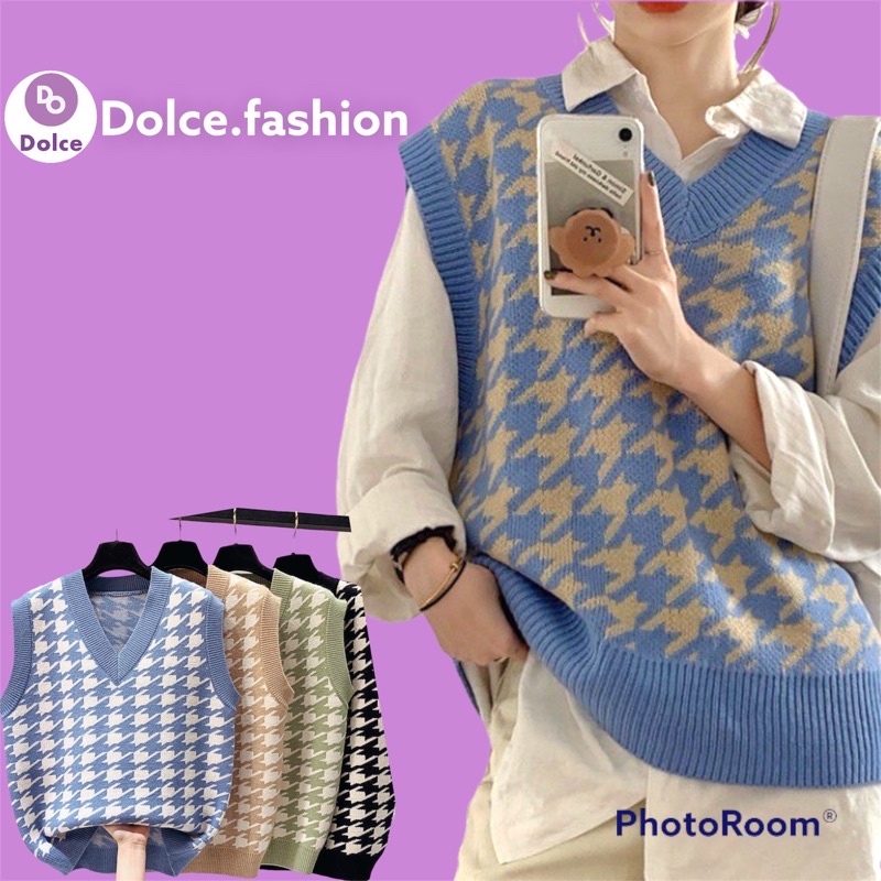 Áo gile nữ len cổ V không tay màu sắc vintage phong cách Hàn Quốc - Dolce