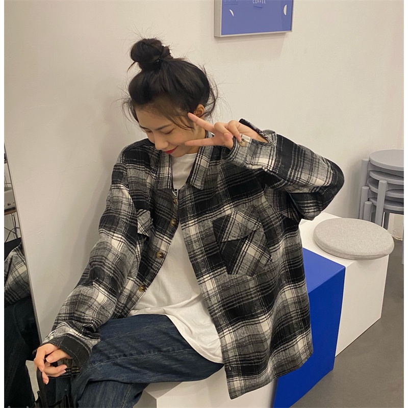 SUXI Áo Sơ Mi Nữ Ca Rô Dài Tay Cổ Bẻ Thời Trang Hàn