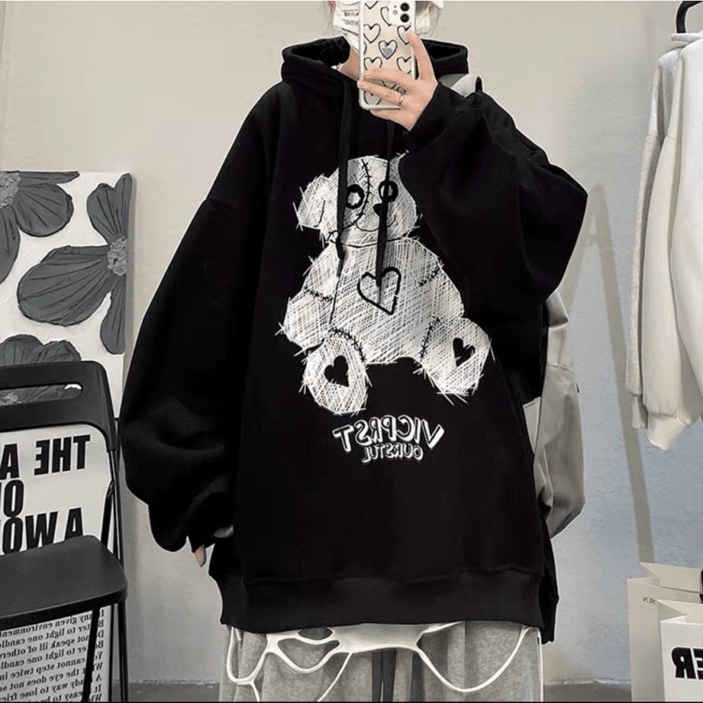 Áo Hoodie Nam Nữ in Hoạt Hình Gấu Đen Form Rộng Nón Lớn Mặc Thoải Mái [New Unisex]
