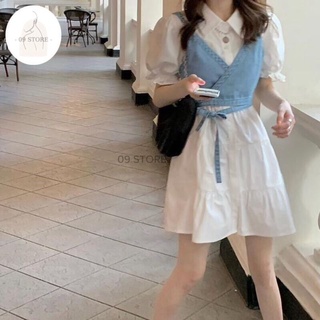 Đầm trắng yếm ngực, váy trắng có cổ yếm vải bò phong cách Hàn Quốc