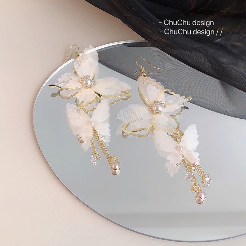 Bông Tai Mạ Bạc 925 Dáng Dài Phối Tua Rua Hình Bướm Phong Cách Hàn Quốc Mới 2022