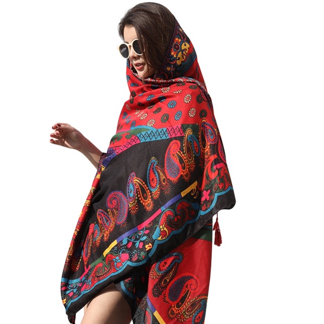 [HÀNG LOẠI 1]_Khăn Choàng Cổ Boho Vintage Cao Cấp Hoạ Tiết Đỏ Công
