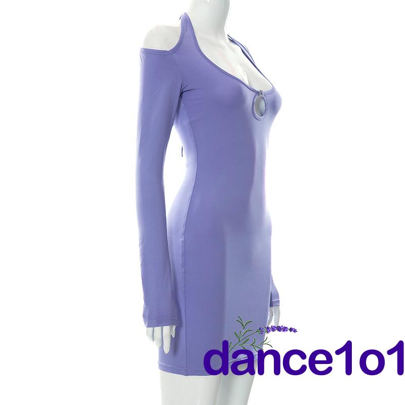 dance1o1-Women´s Long Sleeve Cutout Solid Color Halter Bodycon Mini Dress