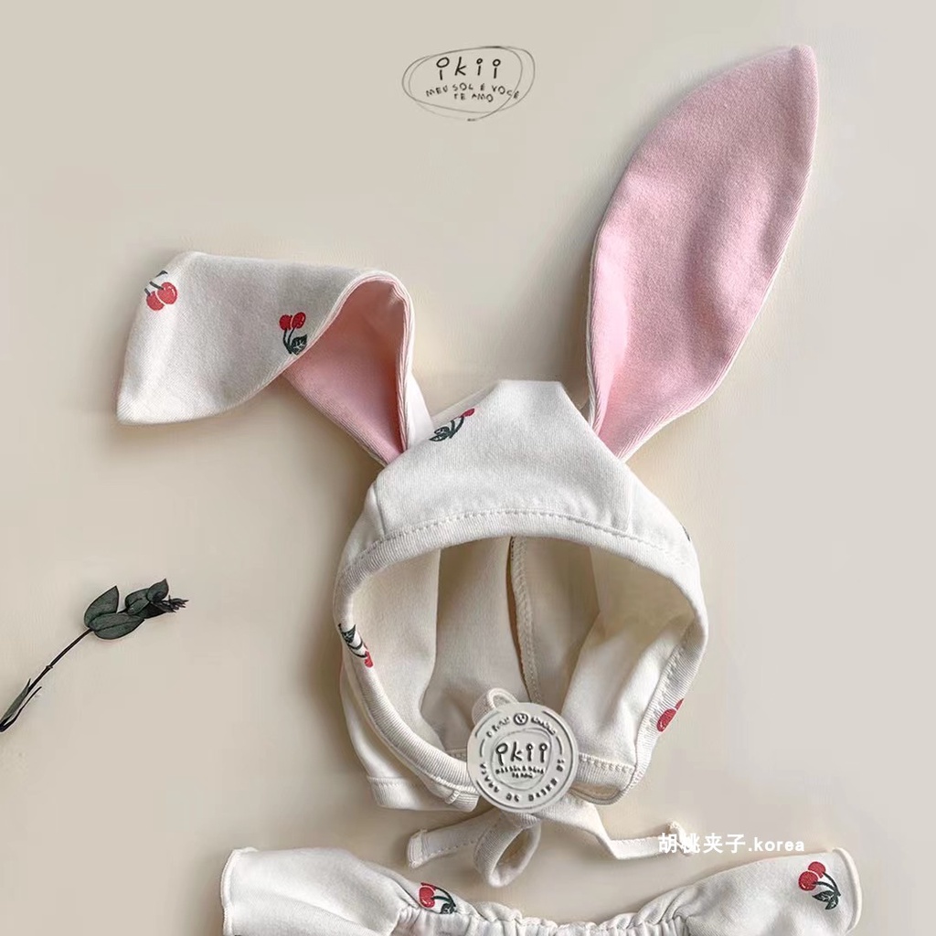 Bộ Áo Liền Quần Tay Ngắn + Mũ Tai Thỏ Thời Trang Mùa Hè Cho Bé Gái Sơ Sinh