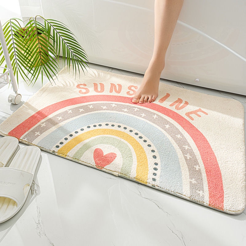 Thảm Lót Sàn Nhà Tắm Hình Vuông Họa Tiết Cầu Vồng Chất Liệu Thấm Hút Nhanh Khô Chống Trượt Tiện