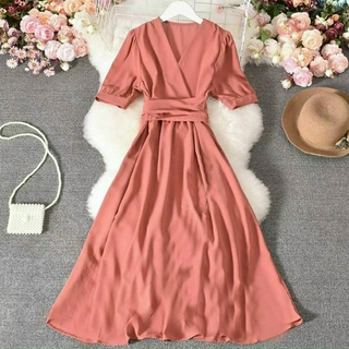 Đầm váy freesize hồng ruốc form dài chéo eo