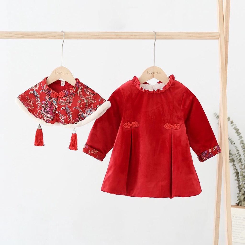 Váy nhung đỏ cho bé gái kèm khăn choàng cổ (msDQ158)