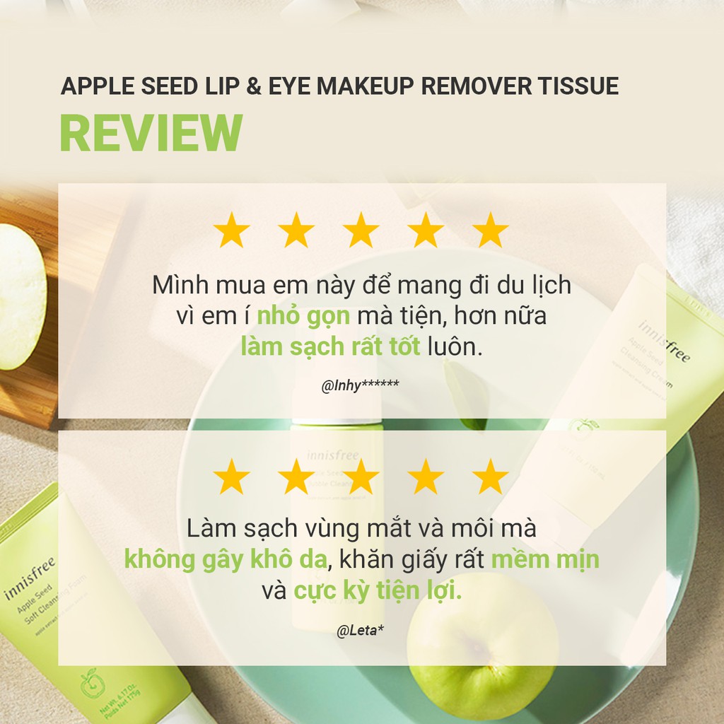 Khăn ướt tẩy trang innisfree Apple Seed Cleansing Tissue 15 tờ