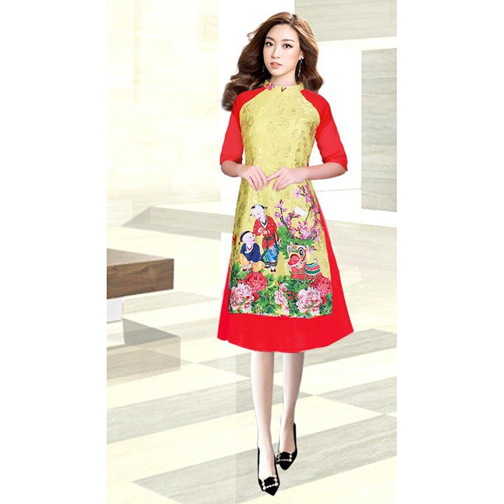 AD1325 Có size 2XL Set Áo Dài Cách Tân gấm cổ đứng họa tiết múa lân hoa mẫu đơn nền vàng tay lỡ kèm váy đỏ