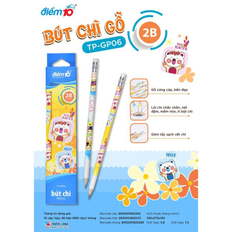 Bút Chì Gỗ Điểm 10 TP-GP06 (Hộp 10 cây) - Độ cứng 2B