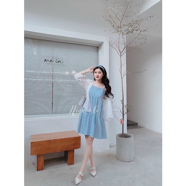 Set váy 2 dây hoa xanh kèm áo khoác mỏng cho mùa hè | BigBuy360 - bigbuy360.vn