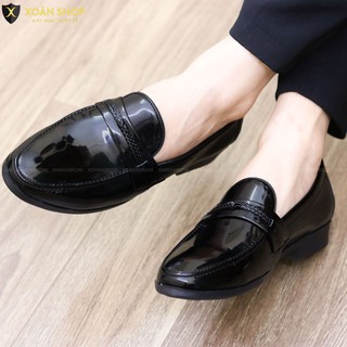 Giày lười nam da lì đế cao su đúc mã l159 màu đen da bóng