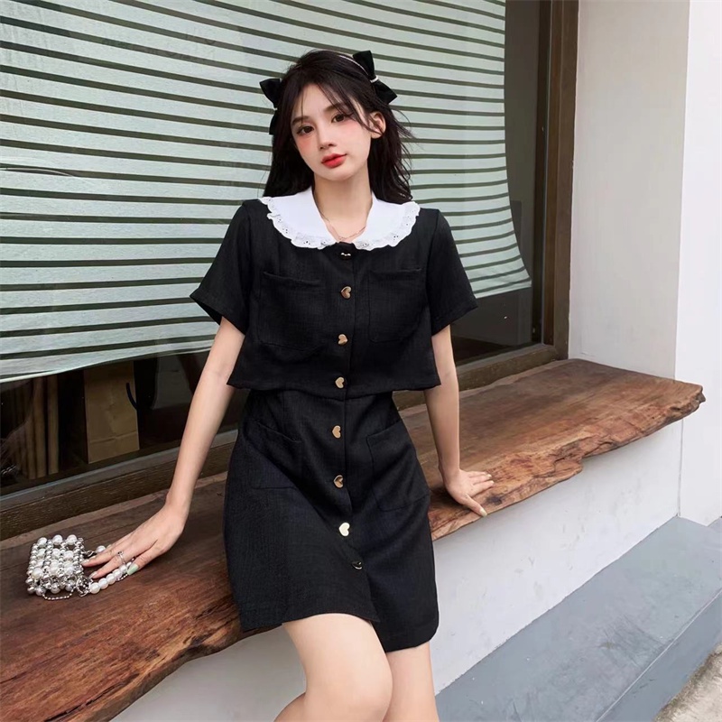 [ORDER] Đầm Sơ Mi Ngắn Tay Màu Đen Cúc Trái Tim Phối 2 Màu Đen Trắng VD095 ICC Official Store