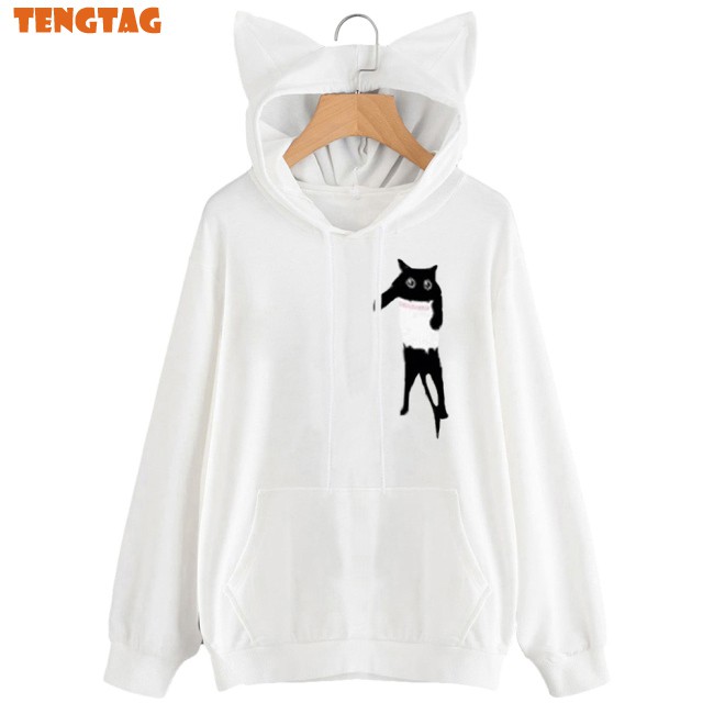 Áo Hoodie Dài Tay Phối Tai Mèo Xinh Xắn Dành Cho Nữ