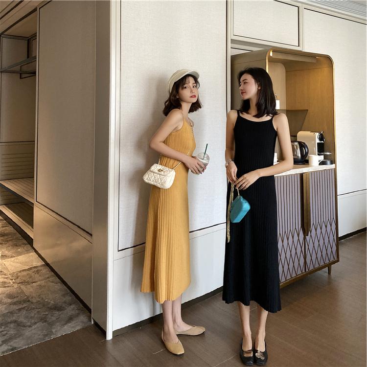 Đầm SUXI hai dây dệt kim màu trơn phong cách vintage thời trang mùa xuân dành cho nữ