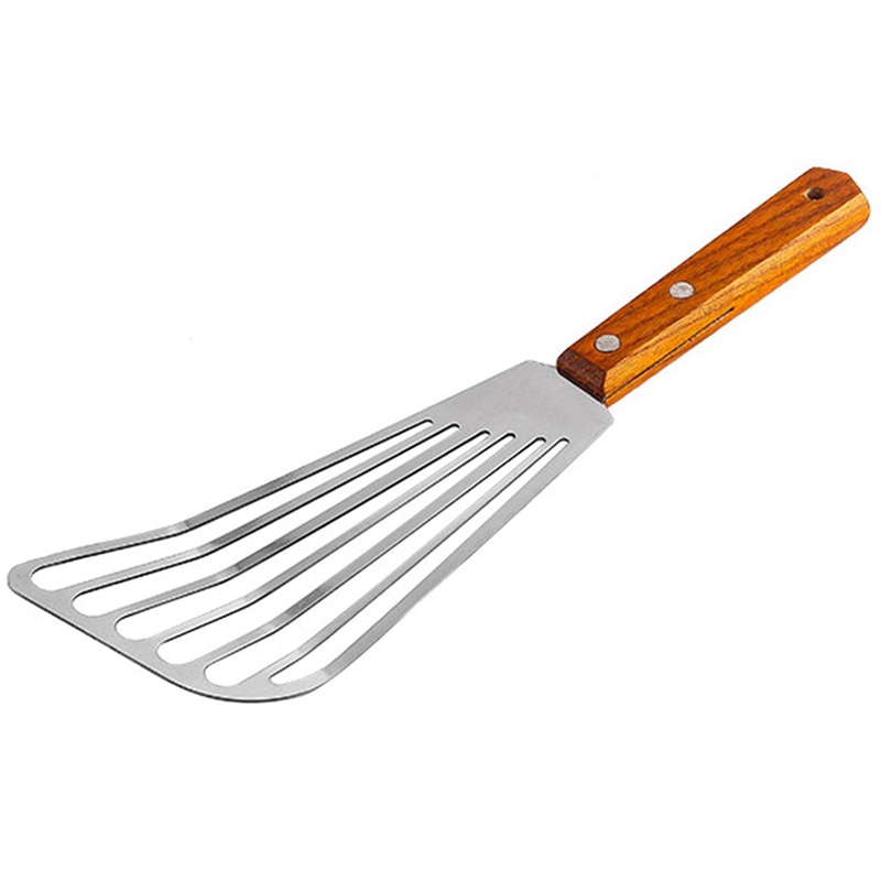 Xẻng Lật Chiên Cá Bằng Thép Không Gỉ Tay Cầm Gỗ Có Rãnh Cho Nhà Bếp