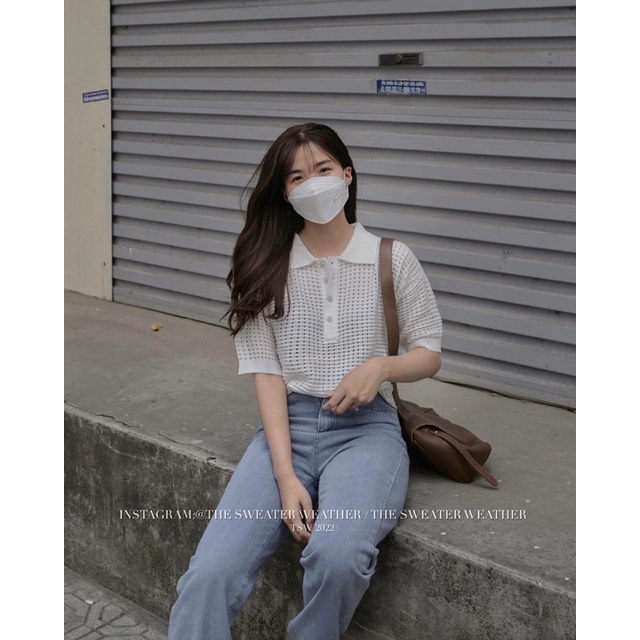 [Mã 155FASHIONSALE giảm 100% đơn 150K] Áo len lưới trắng cổ polo the.sweaterweather TSW (Ảnh thật nha)