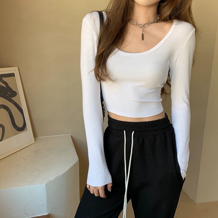 Áo croptop nữ - Áo thun nữ len tăm dài tay cổ rộng trẻ trung năng động phong cách Hàn Quốc
